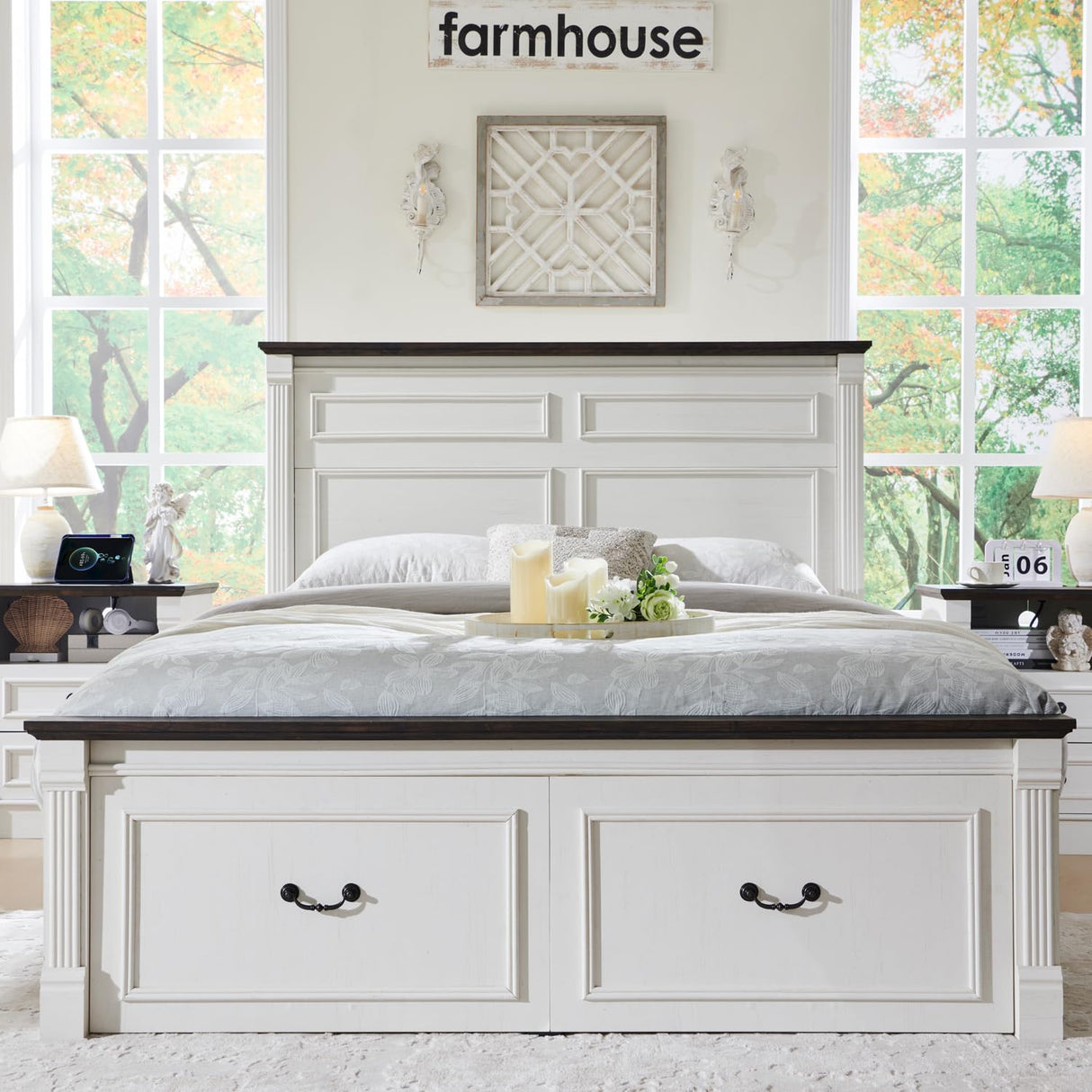 Aitjunz Farmhouse Queen Size Bed Frame with 51" Tall Headboard, Wood Platform Bed Frame with 20" Tall Roman Column Decoration Footboard & 2 Large Storage Drawers, No Box Spring Needed (White) Aitjunz