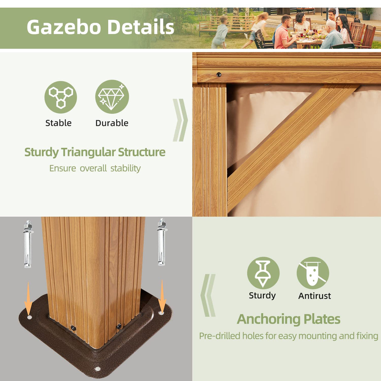 YOLENY 12' x 16' Hardtop Gazebo Metal Gazebo with Faux Wood Grain Aluminum Frame, Galvanized Steel Single Roof Outdoor Patio Gazebo Permanent Pergola with Netting and Curtain for Backyard, Patio, Lawn YOLENY