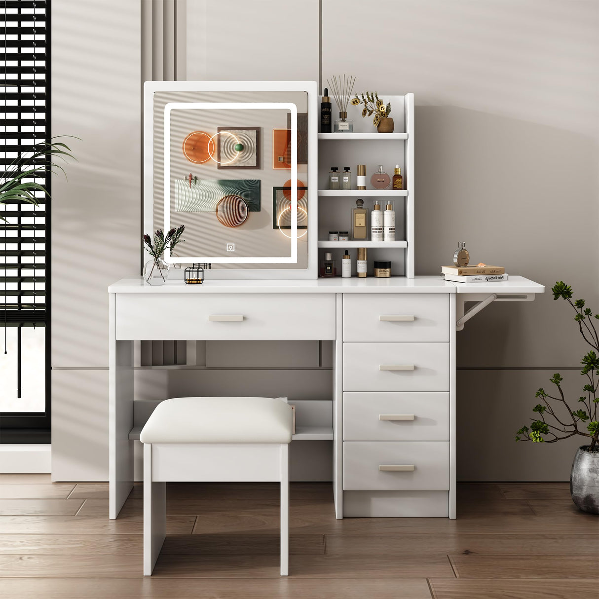 Runboll Stylish Vanity Desk with Mirror and Lights, White Dressing Table Set with Chair, 5 Drawers & Open Shelves, Adjustable 3-Color LED Lighting, Perfect for Bedroom Makeup Runboll