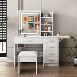 Runboll Stylish Vanity Desk with Mirror and Lights, White Dressing Table Set with Chair, 5 Drawers & Open Shelves, Adjustable 3-Color LED Lighting, Perfect for Bedroom Makeup Runboll