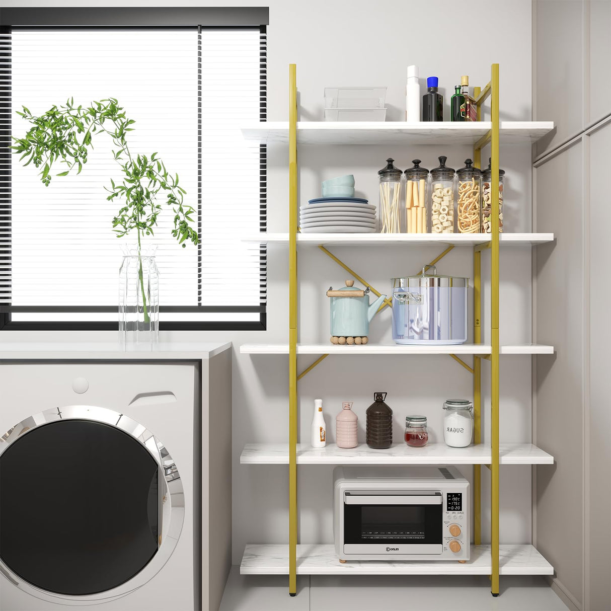 Azheruol Modern 5-Tier White Faux Marble Bookshelf with Metal Frame for Stylish Home Organization Azheruol