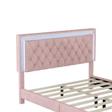 Merax Upholstered Platform Bed, Queen Size LED Velvet Fabric Wooden Bed Frame with LED Lights & Tufted Headboard for Bedroom, Wood Slat Support, No Box Spring Needed, Easy Assembly (Pink) Merax