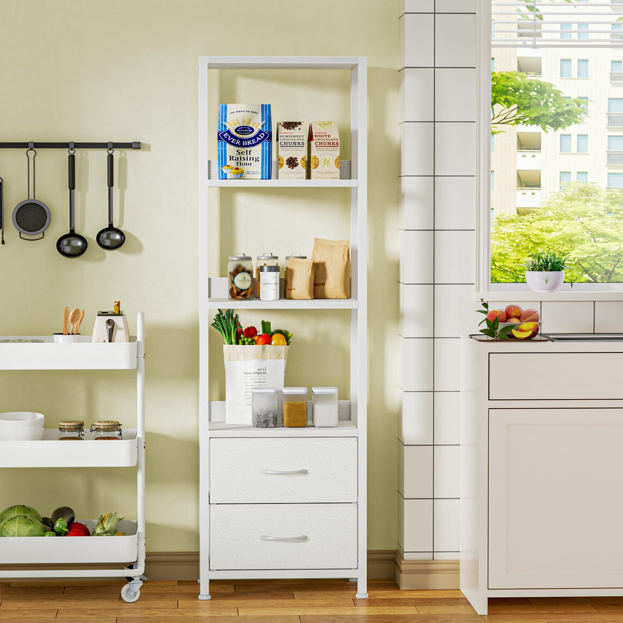 Furnulem 4-Tier Corner Shelf, Bookshelf with 2 Storage Drawers, 57.28”Tall Narrow Bookcase, Standing Shelf Organizer Unit for Living Room, Bedroom, Metal Frame, Wood Display Shelf Furnulem