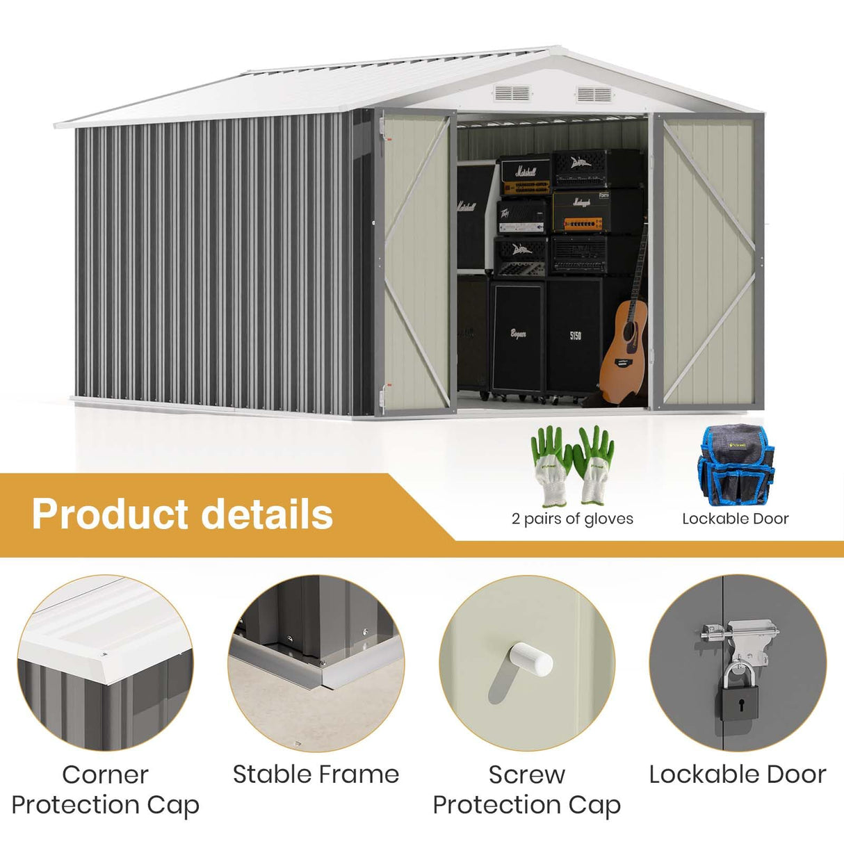 Patiowell 12 x 8 FT Outdoor Storage Shed, Steel Shed Storage House with Design of Lockable Doors, Utility and Tool Storage for Garden, Patio, Backyard, Outside use, Gray Patiowell