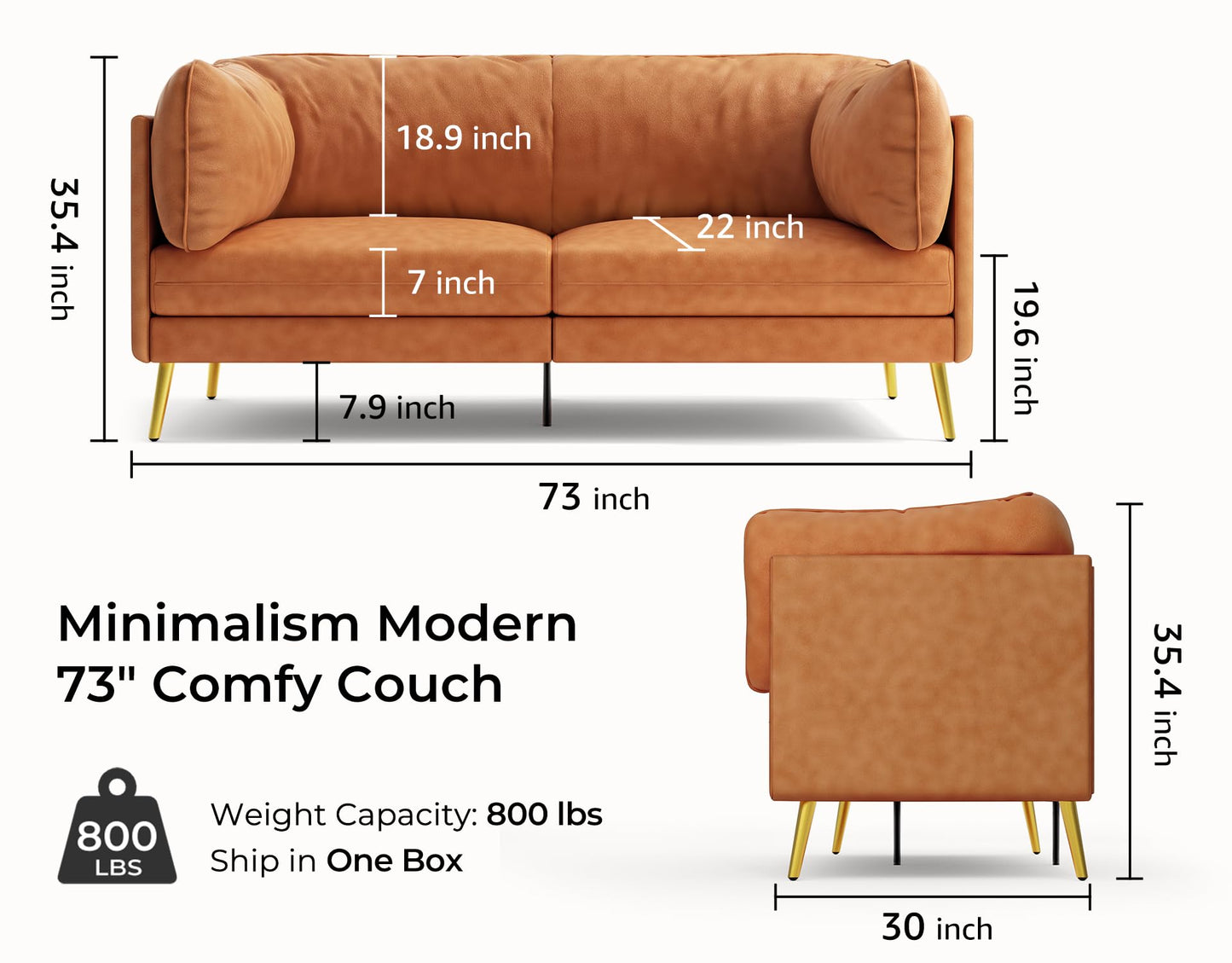 Vesgantti Leathaire Couch Loveseat Sofa, 73" Mid-Century Modern Couch with Deep Seat Comfort Cushions, Small Sofa Couches for Living Room, Bedroom, Office, Apartment, Tool-Free Assembly, Orange