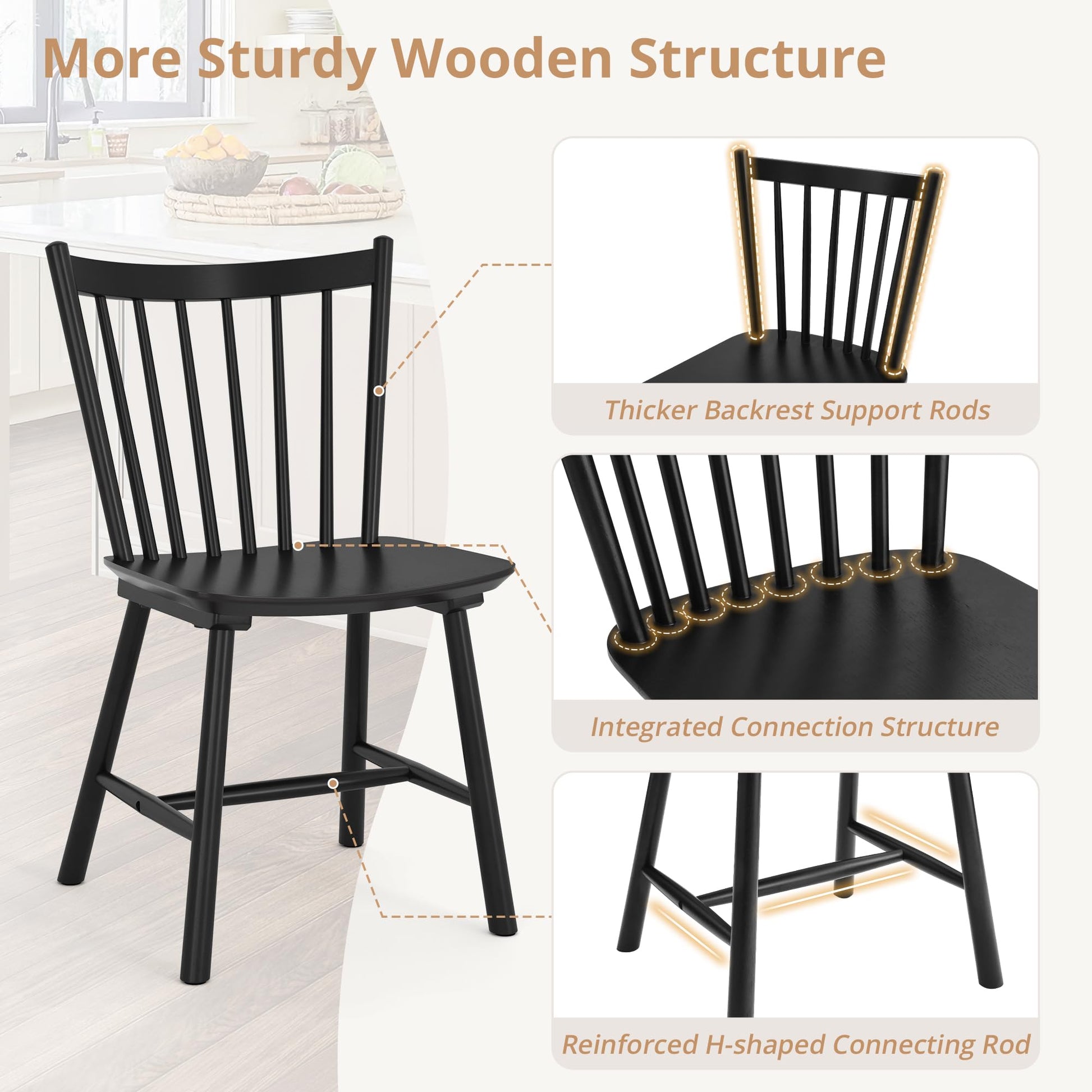 LUE BONA Upgraded Dining Chairs Set of 4, Farmhouse Wooden Spindle Back Kitchen Chairs, Windsor Dining Chairs for Kitchen and Dining Room, Black - WoodArtSupply