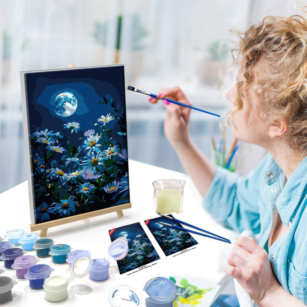 ATDMS Paint by Numbers Kit for Adults with Frame Landscape Paint by Number with Easel DIY Flowers Adult Paint by Number Kits on Canvas Framed Moon Oil Painting Kits for Home Wall Decor 8x12 Inch ATDMS