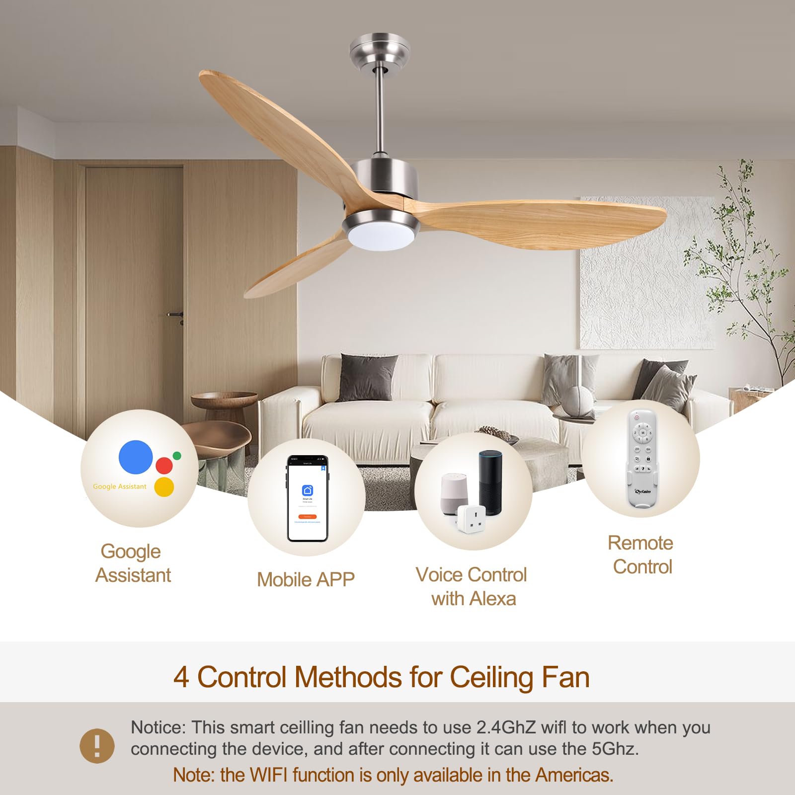 Ovlaim 52 Inch Solid Wood Ceiling Fans with Lights Remote Control, 6 Speed Quiet DC Motor 3 Blade Propeller Smart Ceiling Fan, Indoor Living Room Bedroom - WoodArtSupply