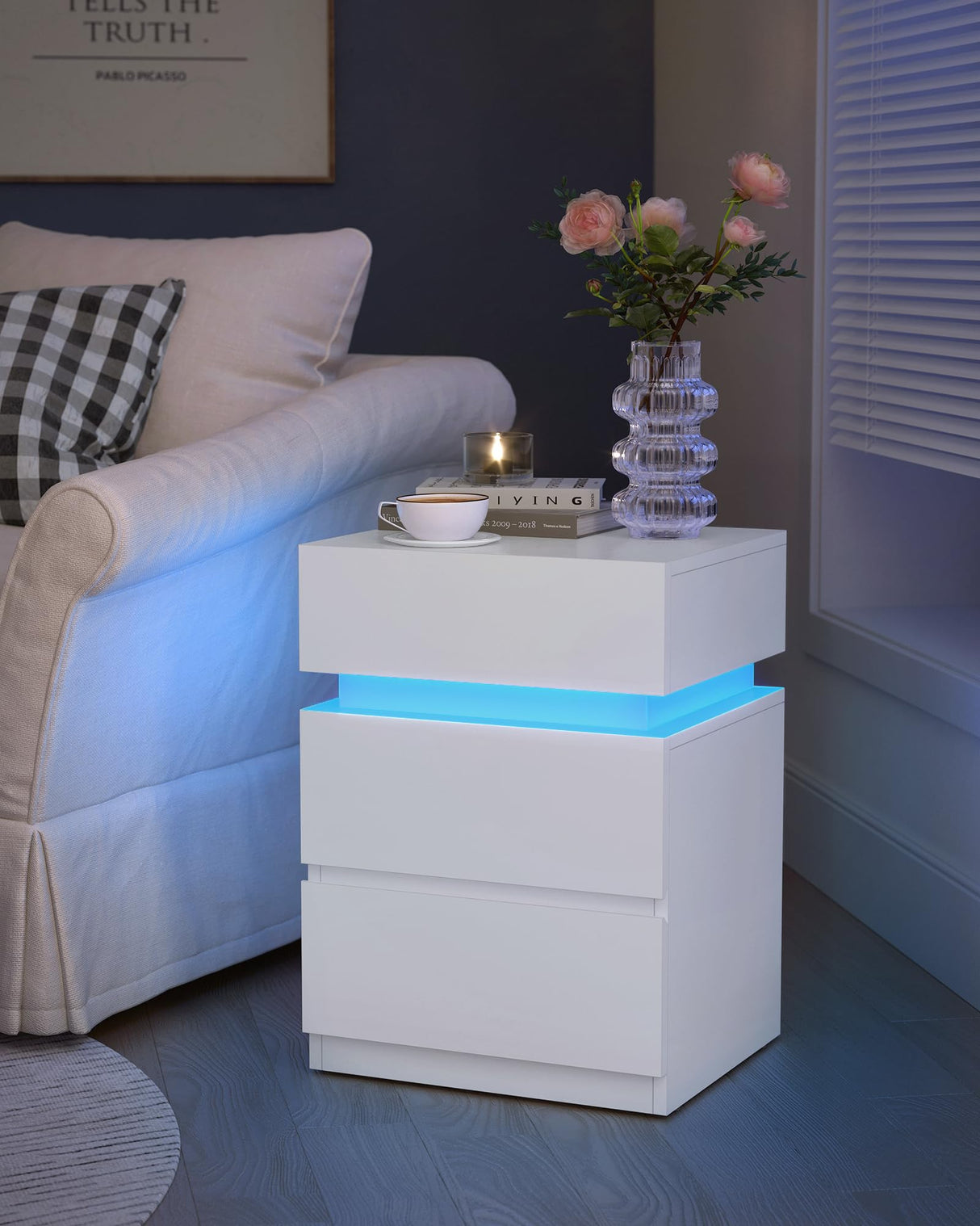 VASAGLE Nightstands with LED Lights, Set of 2, Adjustable Light Colors, Bedside Tables, Side Tables with 3 Drawers, Modern Style, 13.8 x 15.7 x 21.7 Inches, Cloud White ULET799T12 VASAGLE