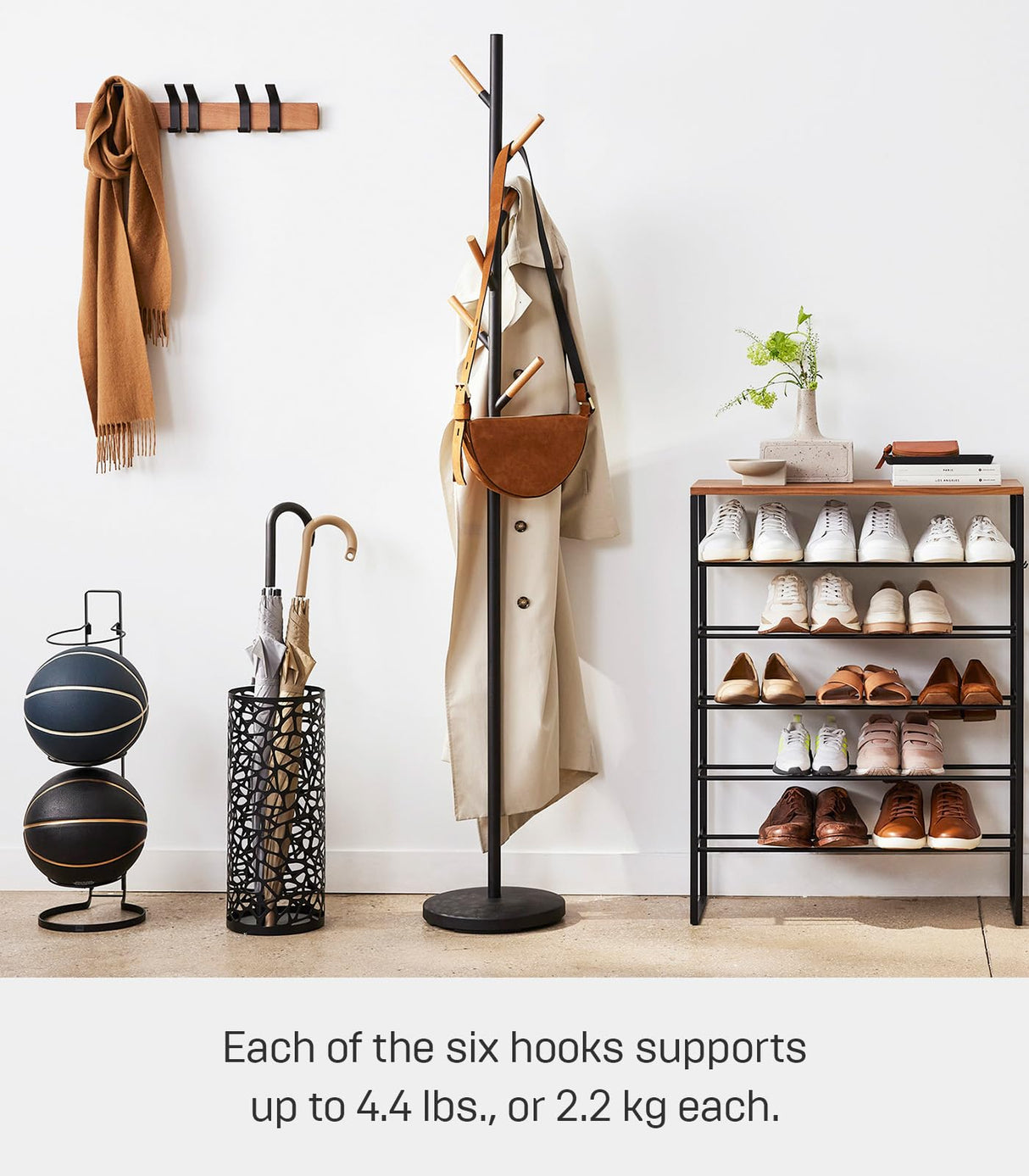 Yamazaki Home Plain Freestanding Coat Hanger Rack With Wooden Hooks, Space Saving, 70" - Steel YAMAZAKI