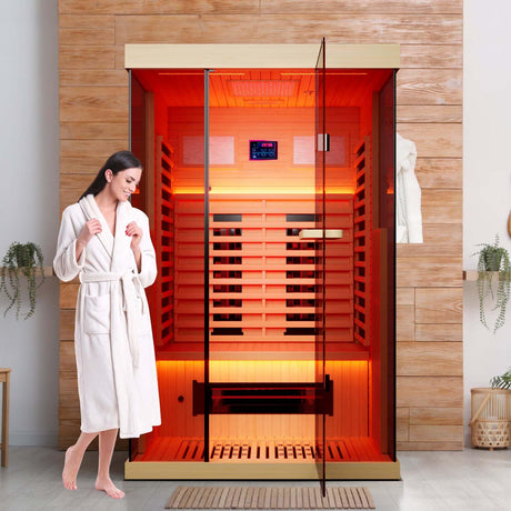 MEISSALIVVE Full Spectrum Infrared Sauna，1-2 Person Home Sauna，Wooden Canadian Hemlock Indoor Spa Sauna with Resonance Speaker, Panoramic Tempered Glass Door MEISSALIVVE