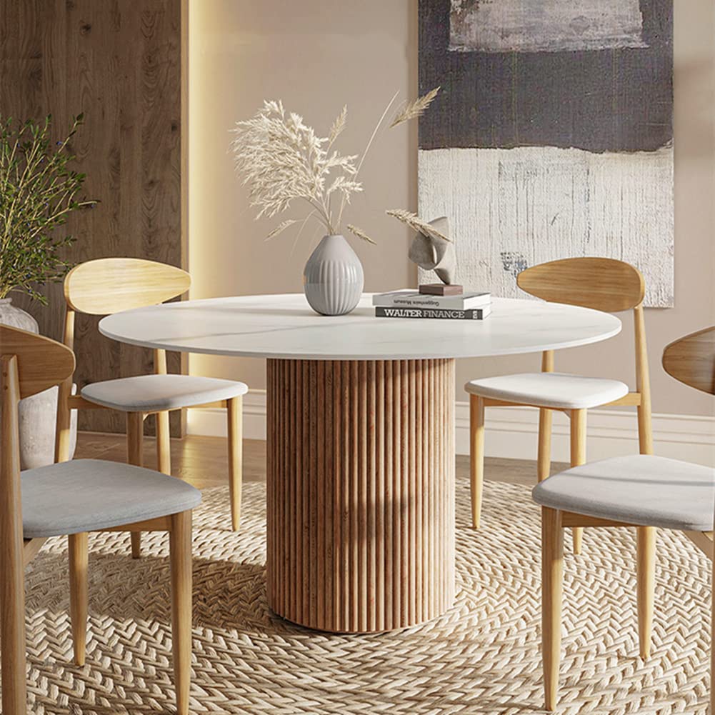 Pine Solid Wood Dining Table, BIGMAII Modern Round Kitchen White Marble Pedestal Dining Room Table Restaurant Furniture - 47.2in L x 47.2in W x 29.5in H bigmaii