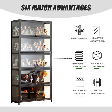 Orixal Display Cabinet with Acrylic Glass Doors, 5-Tier Transparent Bamboo Curio Display Case for Figures, Display Shelves for Collectibles & Toy Cabinet for Home, Office, Playroom, Living Room Orixal