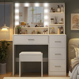 OTOQS Makeup Vanity Desk with Mirror and Light,Dressing Table Set with 3 Color Modes LED Lights,Large and Three Level Storage Dresser, for Bedroom Dressing Room,White OTOQS