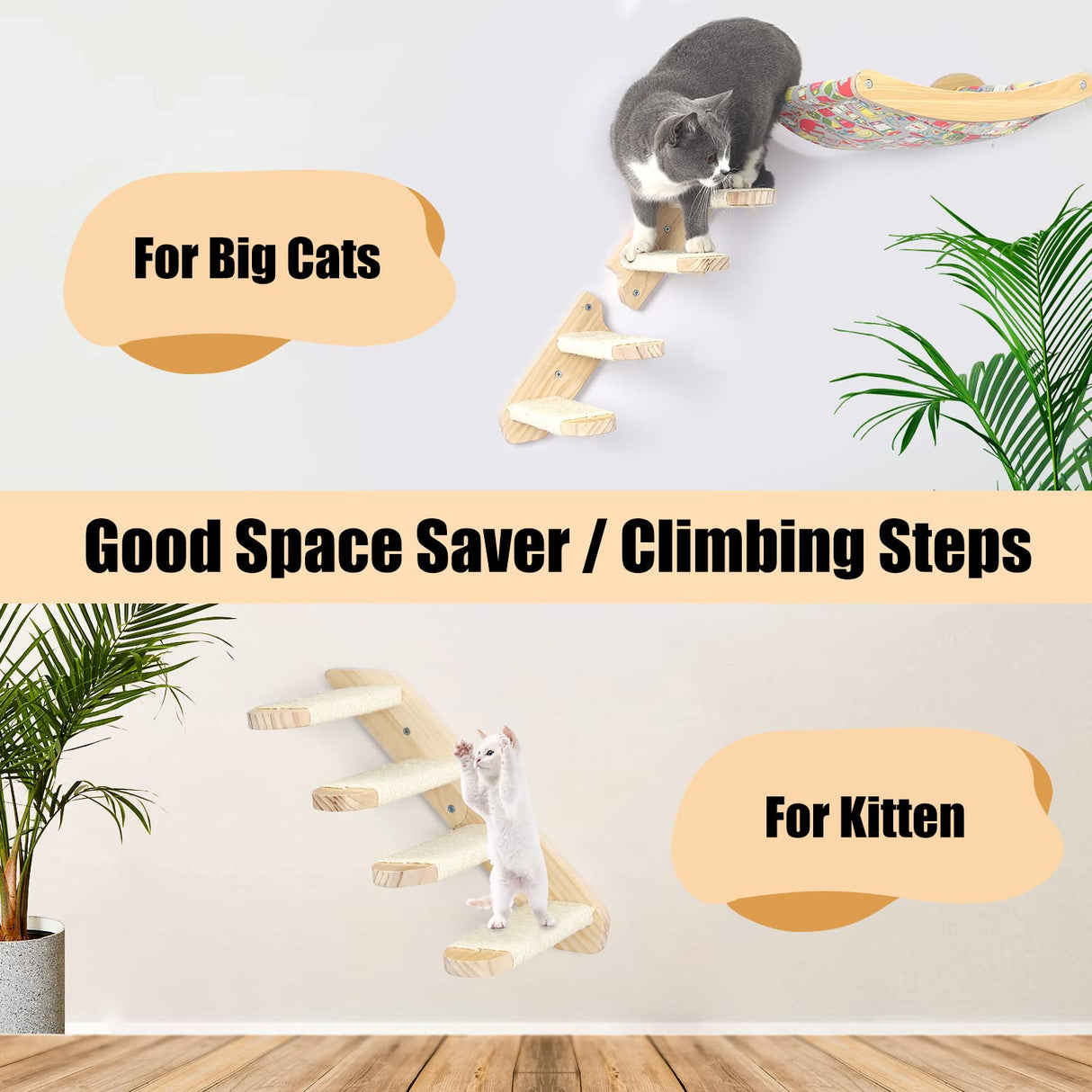 Cat Wall Steps Shelves Cat Climbing Shelf Reversible Wall Mounted, Wooden Four Step Cat Stairway with Scratching Sisal Rope for Cats Perch Platform Supplies Large Cats Scratching Post Activity Tree Erhalithegro