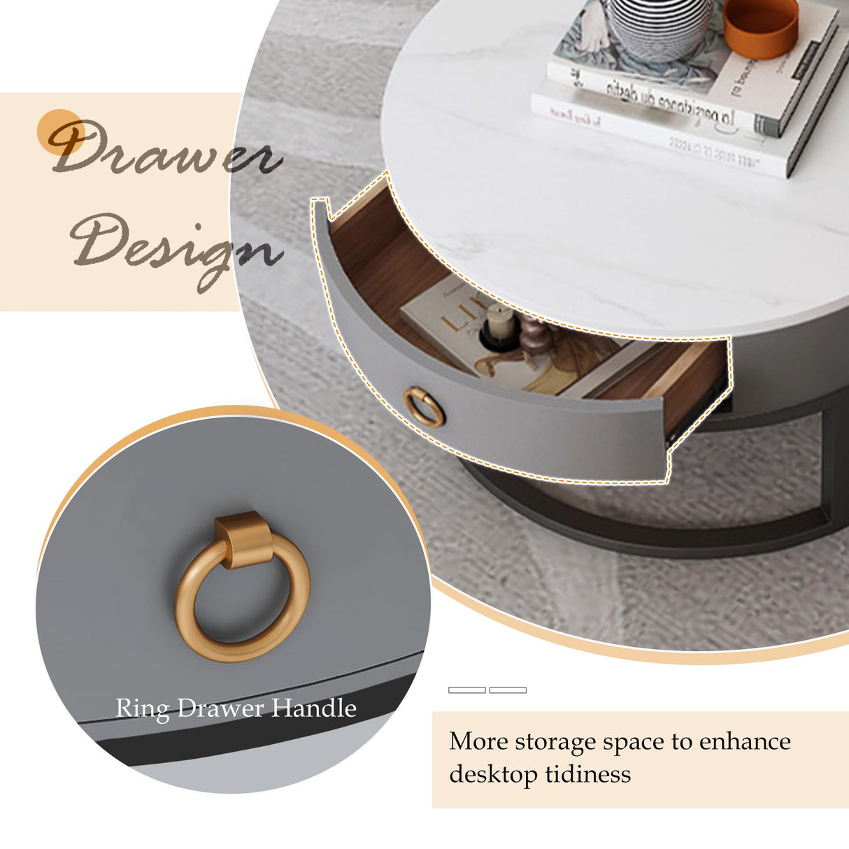 Jerry & Maggie Ø 27.5" Modern Nesting Coffee Table Set of 2, Round Glass Coffee Table & Side Table with Drawer, Tempered Glass & Leather Upholstery, Coffee Tables for Living Room, Small Space Friendly Jerry & Maggie