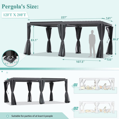 YOLENY 12' x 20' Louvered Pergola, Patio Hardtop Pergola with Adjustable Aluminum Rainproof Roof, Sun Shade Shelter with Netting and Curtains for