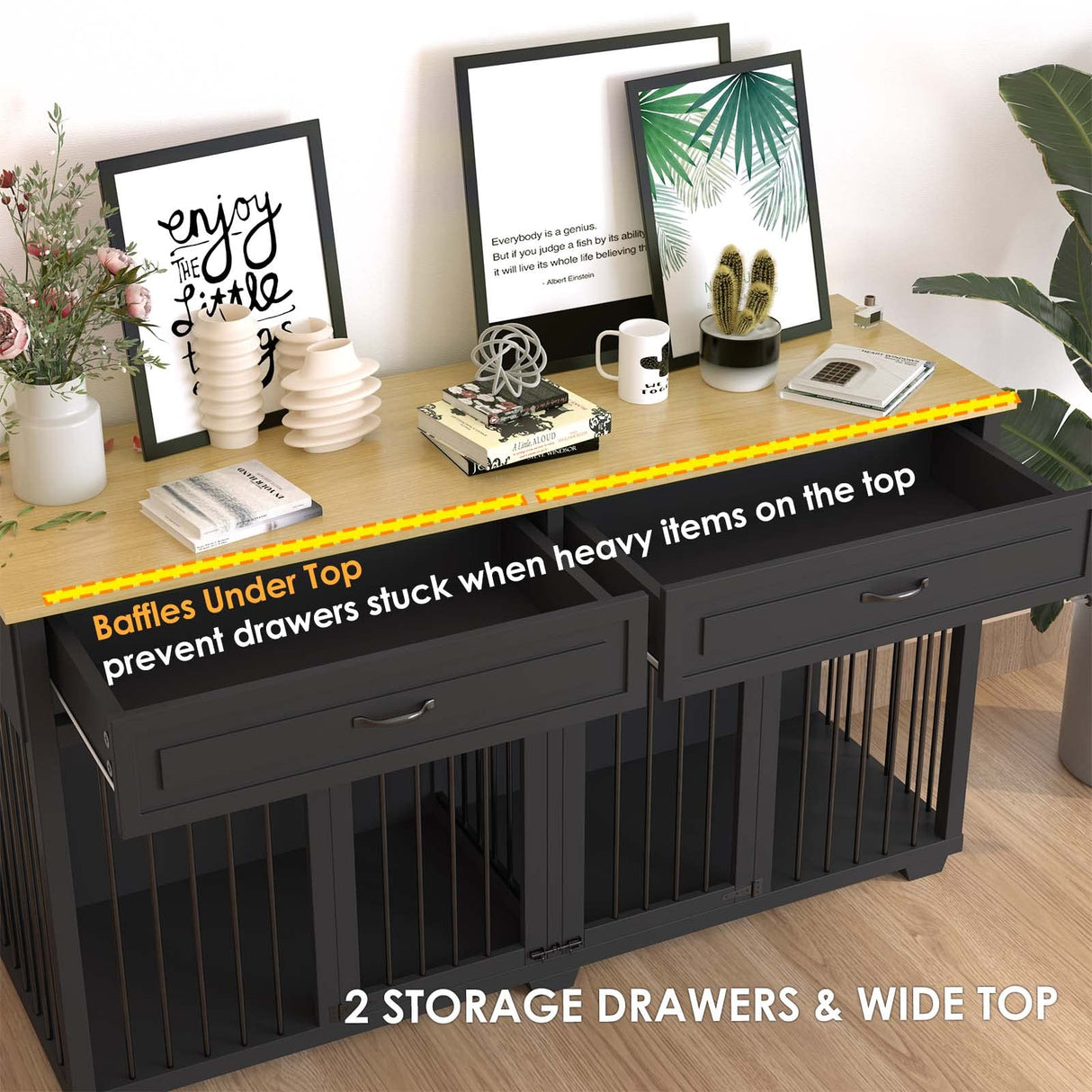 Lovinouse Furniture Style Dog Crate with Double Room, Wooden Dog Kennel with Double Doors and Removable Divider, Dog House Side End Table for Small Medium Large X-Large Dogs(Black + Wood) Lovinouse
