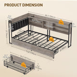 RALGEND Corner Bed Frame with Bookcase Storage and PU Upholstered, Twin Daybed with 2 Drawers and Charging Station, Metal Platform Bed Fram for Living Room, Bedroom, Guest Room, Gray and Black RALGEND
