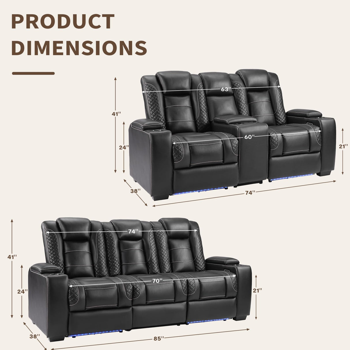 ANJ Modular Power Recliner Set: 5-Seat Home Theater Seating with 2 Loveseats (Center Console & Fixed Middle), LED Lights, USB Charging, Faux Leather for Living Room (Black) ANJ