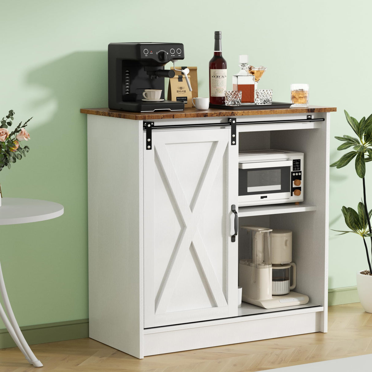 SOFTLYNICE White Coffee Bar Cabinet with Storage, Farmhouse Coffee Bar Cabinet, Coffee Bar Table with Sliding Barn Door, Suitable for Kitchen, Dining Room and Living Room SOFTLYNICE