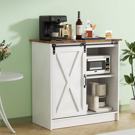 SOFTLYNICE White Coffee Bar Cabinet with Storage, Farmhouse Coffee Bar Cabinet, Coffee Bar Table with Sliding Barn Door, Suitable for Kitchen, Dining Room and Living Room SOFTLYNICE