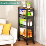 Vivihomety Utility Slim Storage Cart with Wheels, 4 Tier Small Rolling Cart with Wood Top, Metal Kitchen Bathroom Laundry Room Organization Trolley with Handle for Narrow Space – Black Vivihomety