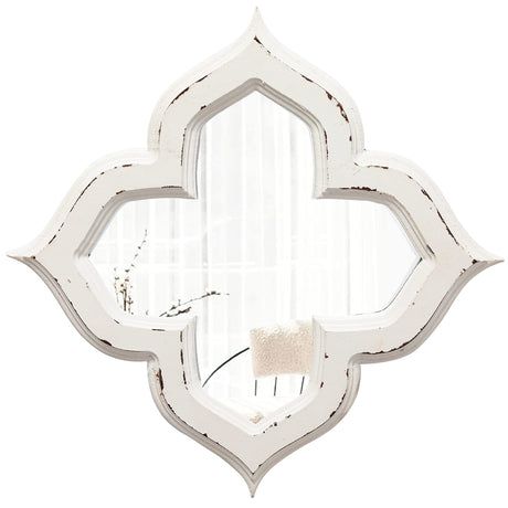 Sintosin Hanging Antique Small Wall Mirrors Decorative 9.6 inch, Distressed White Sculpted Wood Mirror Farmhouse Wall Decor, Shabby Chic Lucky Four-Leaf Clover Mirror Wall Decor for Living Room Sintosin