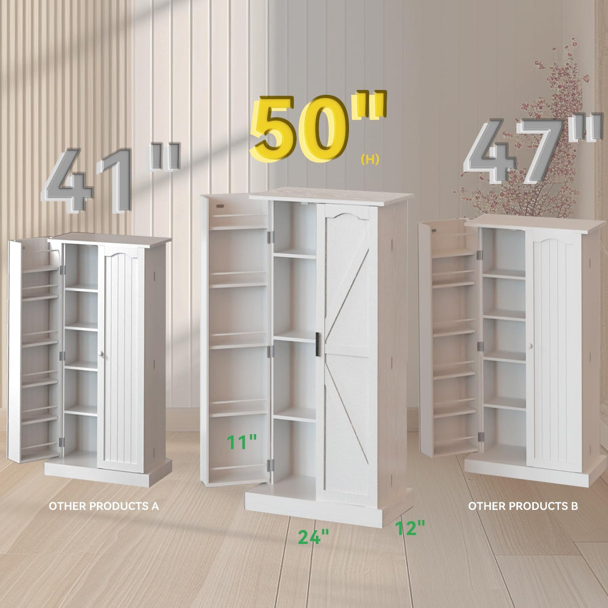 GEPELCN 50" LED Kitchen Pantry Cabinet Farmhouse Storage Cabinet Wood Food Pantry with Barn Doors and Adjustable Shelves Freestanding Buffet Cupboards Sideboard for Kitchen White GEPELCN