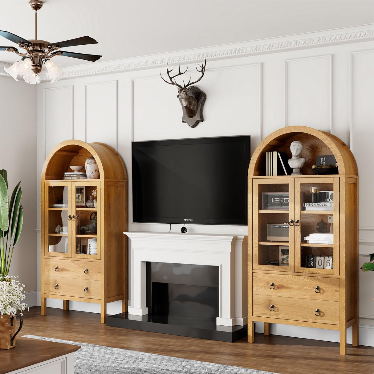 MECHYIN Arched Cabinet, 71" Tall Modern Storage Cabinet, Arched Kitchen Pantry Cabinet, Arched Bookshelf with Doors and Drawer, Wooden Storage Cabinet for Living Room, Kitchen, Dining Room (Natrual) MECHYIN