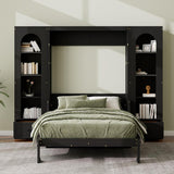 Queen Murphy Bed with Desk and Storage & LED Light, Solid Wood Hideaway Murphy Wall Bed with Storage Bookcase Shelves and Drawers for Adults (Black,Queen) MERITLINE