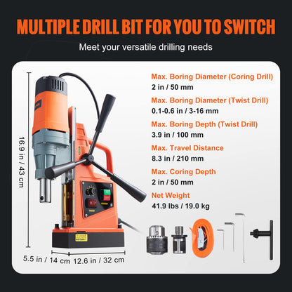 VEVOR Mag Drill Press, 1550W 2" Boring Diameter, 2922lbf Power Magnetic Drill, 500 PRM, 10-Speed, Electric Drilling Machine for Metal Surface, Industrial and Home Improvement - WoodArtSupply