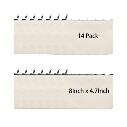 pabues 14 Pieces 8 x 4.7 Inch Blank Craft DIY Canvas Pen Pencil Case- Cotton Canvas Invoice Bill Bag Makeup Bag Cosmetic Bag Multipurpose Travel Toiletry Pouch with Black Zipper