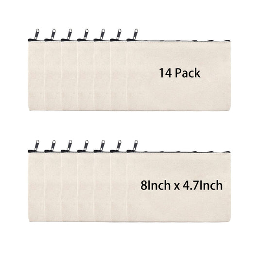 pabues 14 Pieces 8 x 4.7 Inch Blank Craft DIY Canvas Pen Pencil Case- Cotton Canvas Invoice Bill Bag Makeup Bag Cosmetic Bag Multipurpose Travel Toiletry Pouch with Black Zipper