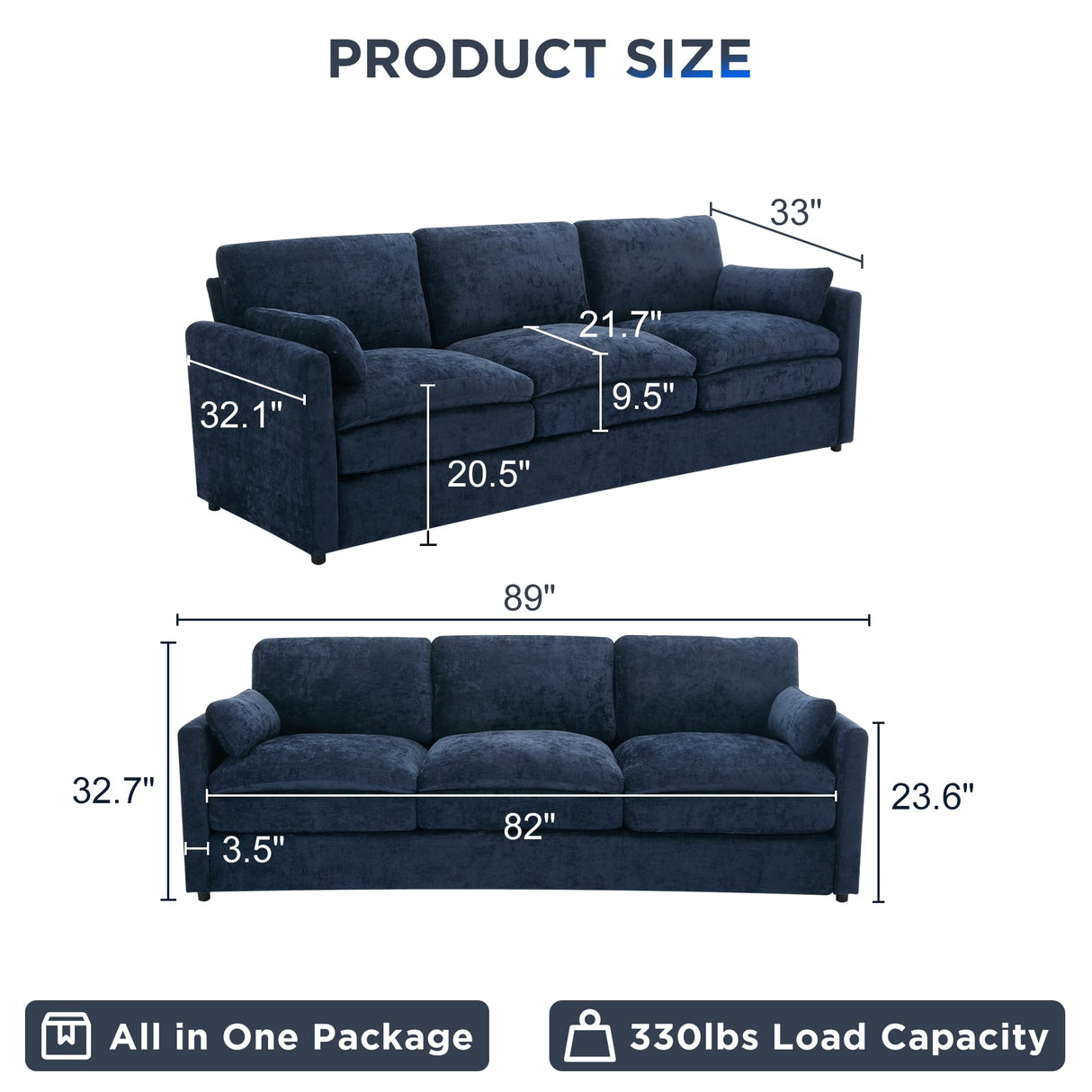 Tbfit 89" Cloud Modern Sofa, Comfy 3-Seater Couch w/Pillows, Pocketed Spring Seats, Plush Foam Cushions, Chenille Fabric Removable Cover, Soft Upholstered Living Room Furniture Home Apartment, Blue Tbfit