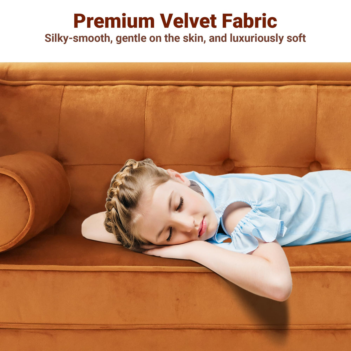 Dreamsir 78'' W Velvet Sofa, Mid-Century Love Seats Sofa Furniture with Bolster Pillows, Button Tufted Couch for Living Room, Tool-Free Assembly (Ginger) Dreamsir