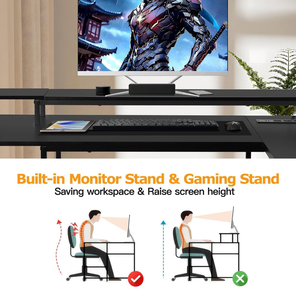 Panana L Shaped Gaming Desk with LED Lights & Power Outlets, Reversible Computer Desk with Stand & Shelves, Corner Desk Home Office Desk with USB Charging Port (Black) Panana