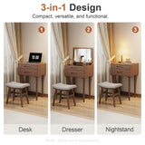 Muwuele Solid Wood Small Vanity Desk with Flip Top Mirror, Brightness Adjustable Lights, Compact Vanity with Glass Top and Drawers, Slim Dressing Table for Small Space, Bedroom, Living Room, Walnut Muwuele