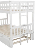 KLMM Twin Over Pull-Out Bunk Bed with Trundle, Wooden Twin Over Twin/Full/Queen/King Accommodate 4 People Extendable Bunk Beds with Ladder and Safety Rail (White) KLMM