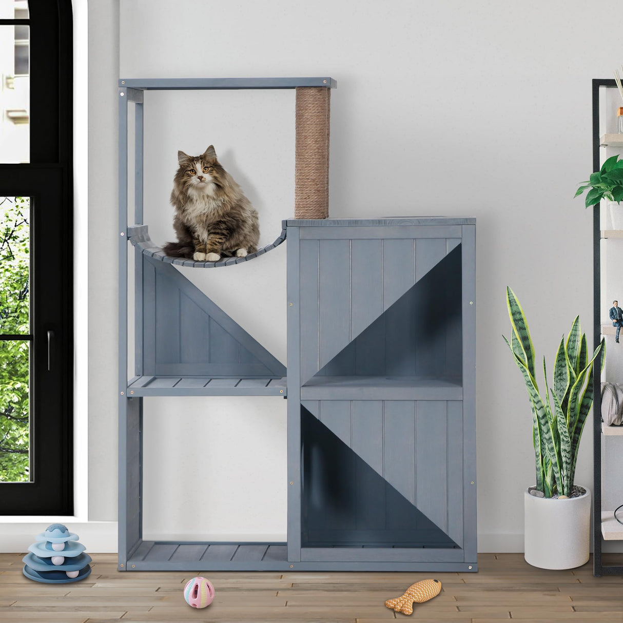 MCombo Cat House with Scratcher, Wood Cat Condo Furniture for Indoor, Kitten Villa Enclosures Gray 0505 MCombo