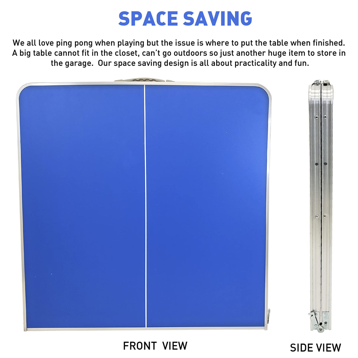 EasyGo Product Ping Pong Table Tennis Space Saving & Easy Storage Includes (2) Regulation Paddles (3) Balls and (1) Easy Clamp Net Table Size 5 Foot X 2.5 Foot Legs 24”-28” Tall - Blue 5ft EasyGo Product