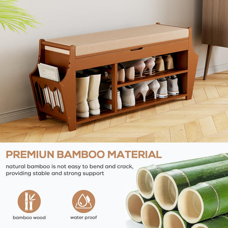 oakvivo 39.4in Shoe Bench with 2 Side Holder, 3 Tier Bamboo Entryway Bench with Storage, Shoe Rack Bench Organizer with Cushion for Entryway Hallway Living Room, Holds up to 330lbs oakvivo