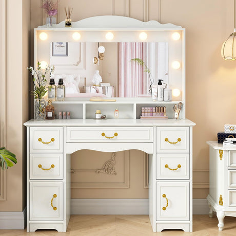 JanflyHome Vanity Desk with Mirror and Lights-Large Makeup Vanity Table with Power Outlet & 5 Drawers, 3 Colors and Brightness Adjustable, Large Mirror, Modern Dressing Table for Bedroom, White JanflyHome