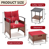 AVAWING 5 Pieces Patio Furniture Set, Outdoor Rattan Chairs with Metal Coffee Table, Ottomans & Soft Cushions, Wicker Conversation Bistro Set for Garden, Porch, Deck, Balcony (Red) AVAWING