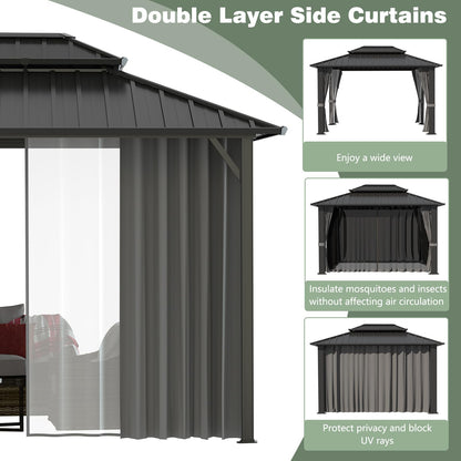 Yardenaler 10x12 FT Hardtop Gazebo Canopy with Double Galvanized Steel Roof, Permanent Outdoor Pavilion with Curtain & Mesh Netting for Patio. Garden, Backyard, Gray - WoodArtSupply