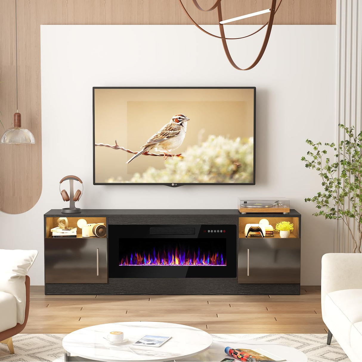 PRETZI Fireplace TV Stand with 36" Fireplace Up to 80" TVs,70" Entertainment Center with LED Lights,Remote Control,TV Media Console with Storage Cabinets for Living Room, Black PRETZI