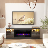 PRETZI Fireplace TV Stand with 36" Fireplace Up to 80" TVs,70" Entertainment Center with LED Lights,Remote Control,TV Media Console with Storage Cabinets for Living Room, Black PRETZI