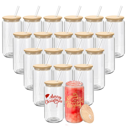 20 Pack Sublimation Glass Cans Transparent Sublimation Beer Glass Can Shaped with Bamboo Lids Borosilicate Glasses Tumbler Mason Jar Cups Mug with Straw for Beer, Juice, Soda, Iced Coffee, Drinks 16oz