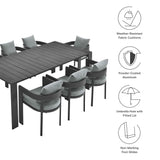 Modway Tahoe Outdoor Patio Powder-Coated Aluminum 9-Piece Dining Set in Gray Gray - Rectangular Patio Furniture Set for 8 - Outside Table with Umbrella Hole and Cushioned Chairs - Modern Patio Set Modway