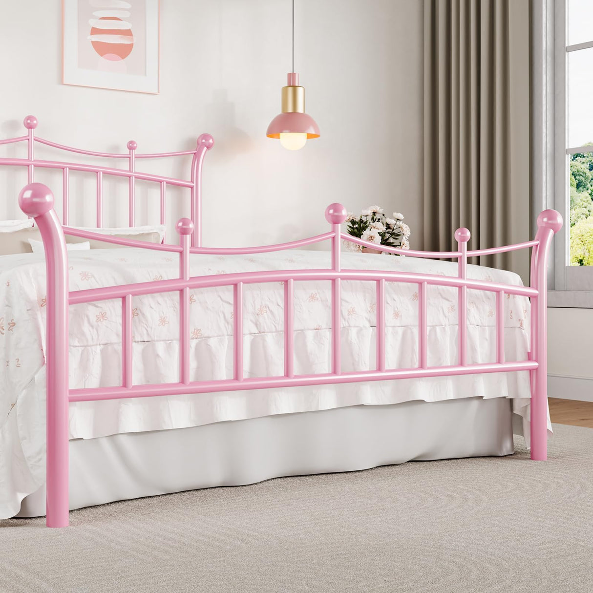 HOMBCK Full Size Metal Bed Frame with Headboard, Pink Bed Frame with Crown Headboard and Footboard, Wrought Iron Art, Under Bed Storage, Mattress Anti-Slip, No Box Spring Needed, Easy Assembly, Pink HOMBCK